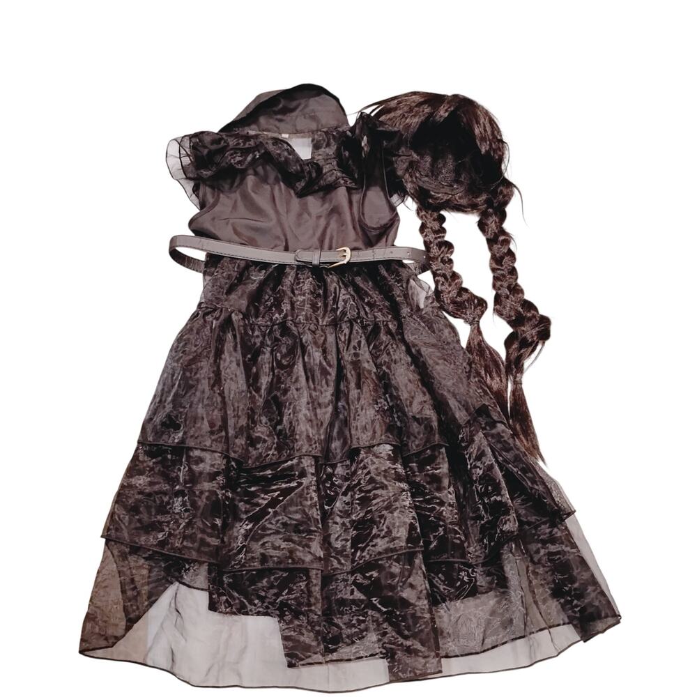 Youth Girls 7/8 Wednesday Adams Spirit Halloween Costume Dress Wig Belt